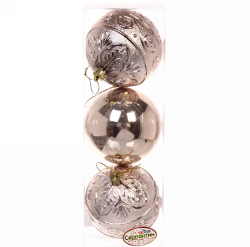 Шары  елочные набор 8 см , 3 шт*2010845 МИКС фактур, шампань